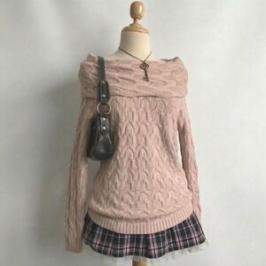 Off the Shoulder Chunky Cowl Neck Sweater Light Pink MEDIUM Cottagecore Preppy